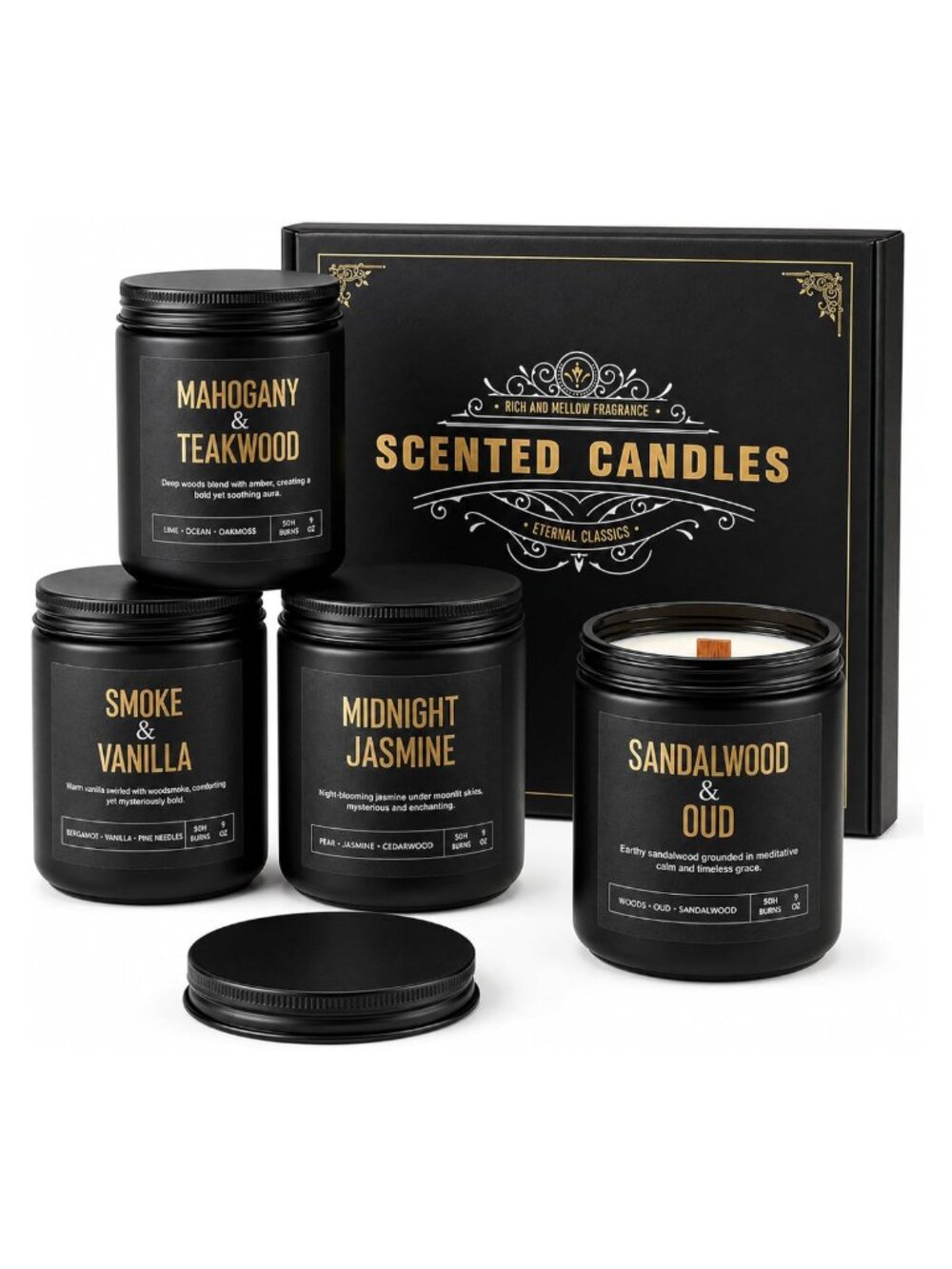 Scented Candles Gift Set for Men 4-Pack 36 oz Soy Wax Wooden Wicks